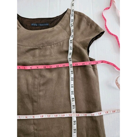 Zara Basic Faux Suede Brown Shift Dress Size M Lined Cap Sleeve Babydoll - Picture 8 of 9